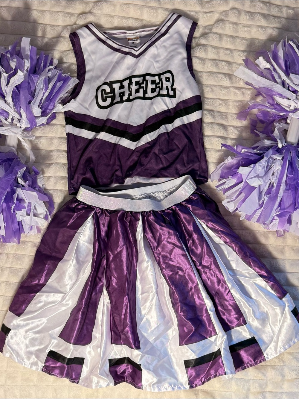 Youth Purple and White Cheerleader Costume Set with Pom-Poms